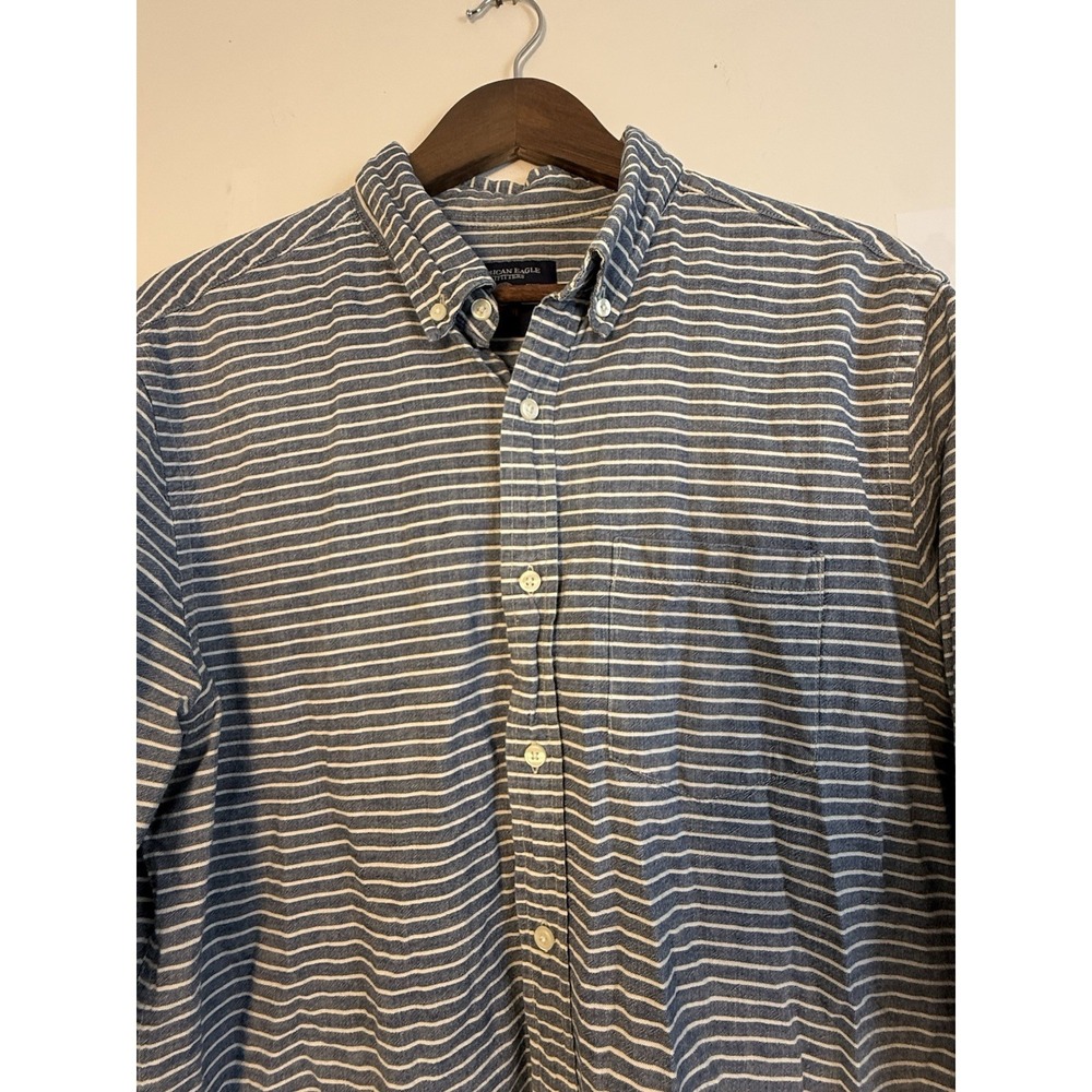 American Eagle Prep Fit Shirt Men's Large Blue White Striped Button Down Cotton - Picture 2 of 10